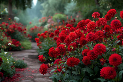 Клумба, как в сказке об аленьком цветочке: растения с насыщенно-красными бутонами