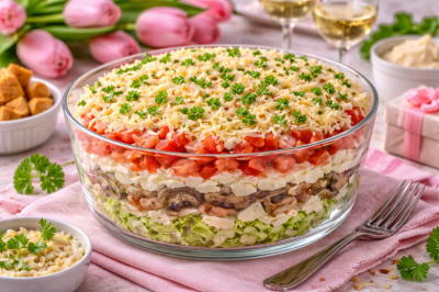 Новый салат к 8 Марта: готовим &laquo;Пикантную нотку&raquo; &mdash; слоеное чудо с копченой грудкой и овощами
